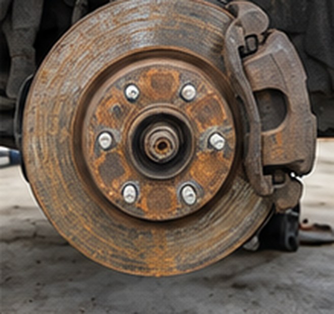 Heavily rusted brake rotor and caliper on a Nissan Altima