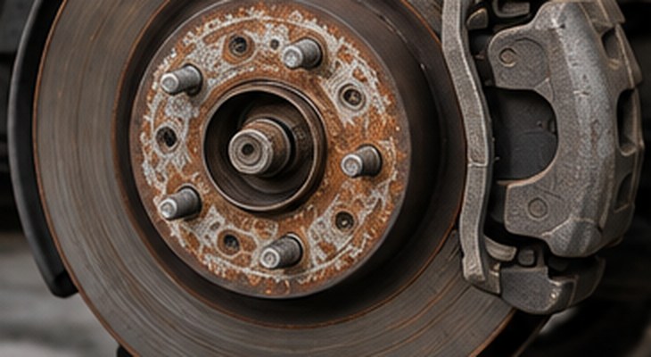 Rusted, worn brake rotor and caliper on a Nissan Altima