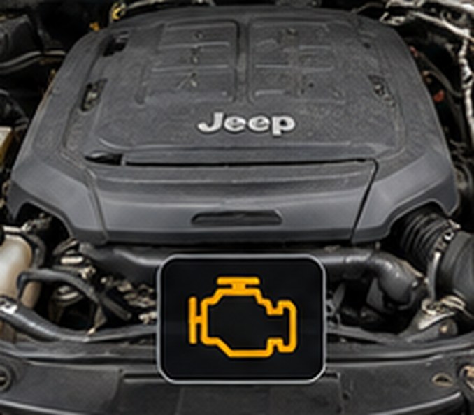 Jeep Grand Cherokee engine bay with the check engine light on