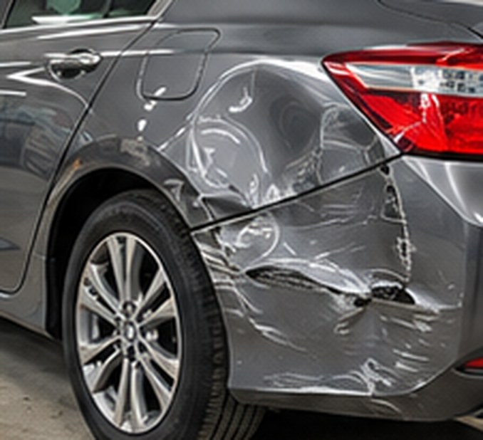 Large dent across the rear door and quarter panel of a gray Honda Accord