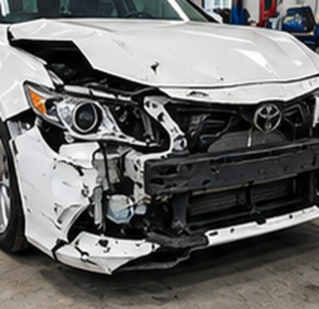 White Toyota Camry with a crushed front bumper and broken headlight