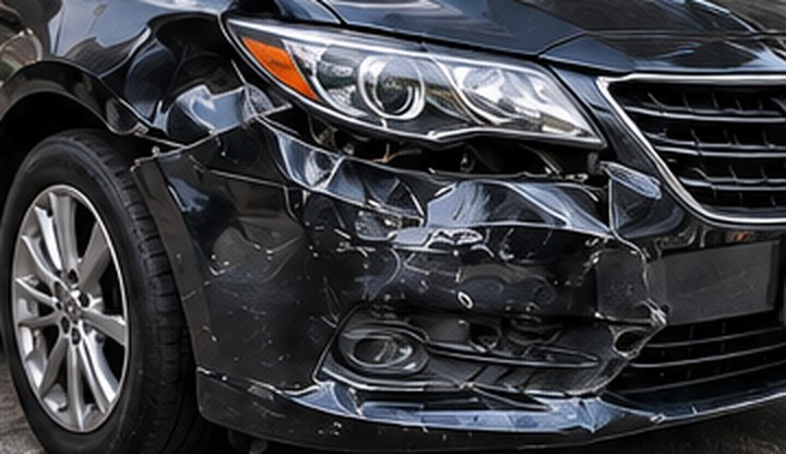 Crushed front bumper and broken headlight on a black Toyota Camry