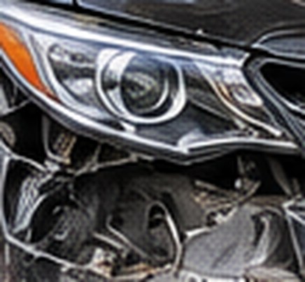 Close-up of the Camry's broken headlight and torn bumper
